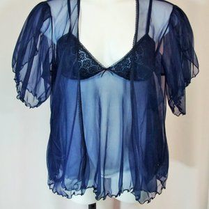 Mayela Navy Blue Sexy Sexy See Thru Short Robe Nightgown Set Size M NWOT